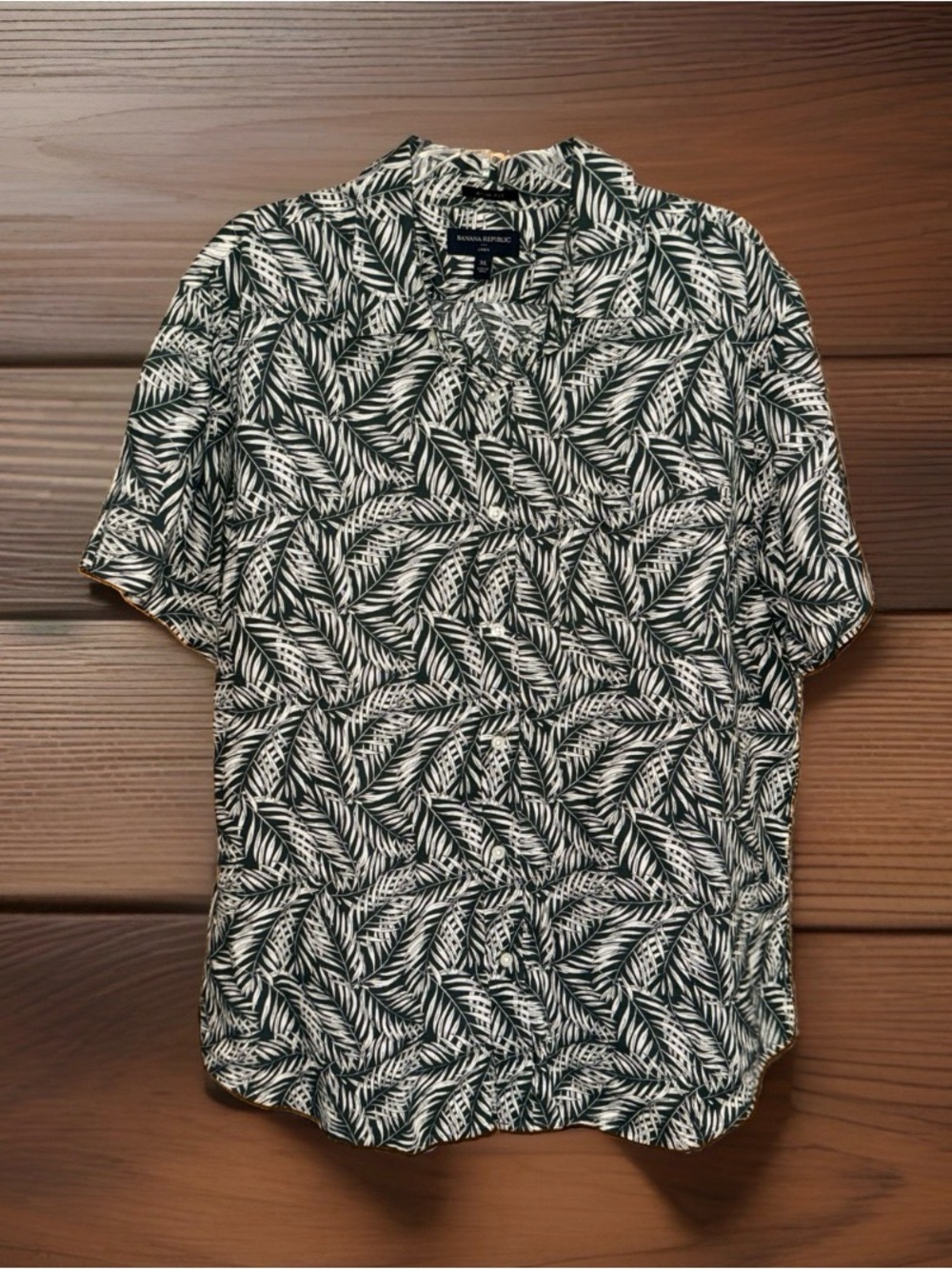Banana Republic Men’s Linen Gray & White Leaf Print Short Sleeve Shirt-XL-EC